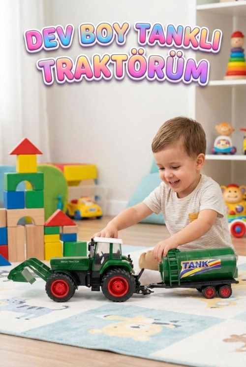 Dev Boy Sürtmeli ve Sökülebilir Tankerli Oyuncak Traktör 80 cm Eğitici Çocuk Oyuncağı YEŞİL