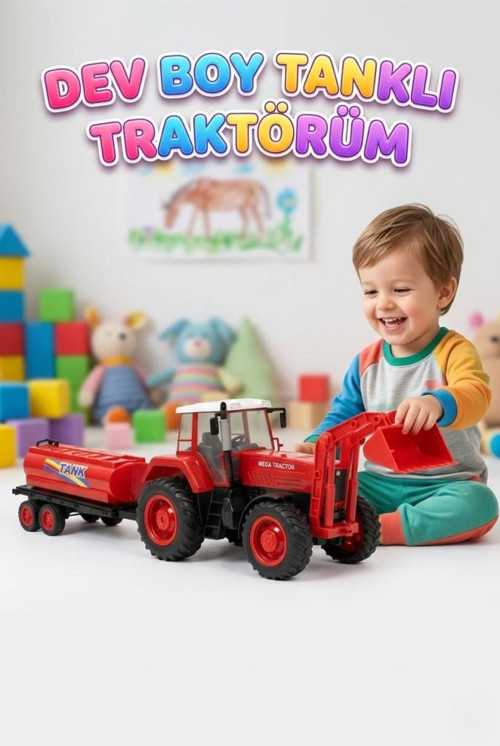 Dev Boy Oyuncak Traktör ve Su Tankeri Seti Hareketli Kepçeli Eğitici Oyuncak 80 cm Mega Traktör KIRMIZI