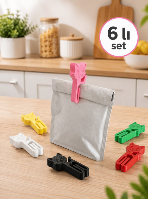 6’Lı Sevimli Kedi Poşet Klipsi | Gıda Saklama Mandalı Tazelik Koruyucu Poşet Kapatıcı Mutfak Organizer Set