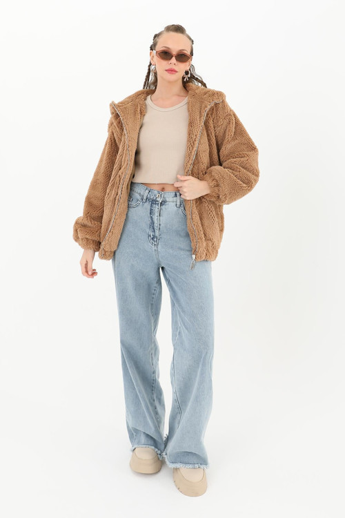Şapkalı Fermuarlı Peluş Mont - 32094MNT - CAMEL