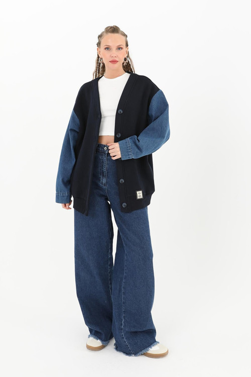 Beden Üç İplik Kollar Denimli Hırka - 32043HRK - NAVY