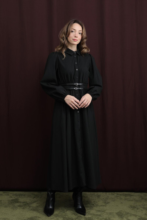 Kadın Çift Kemerli Elbise - 20700ELB - BLACK