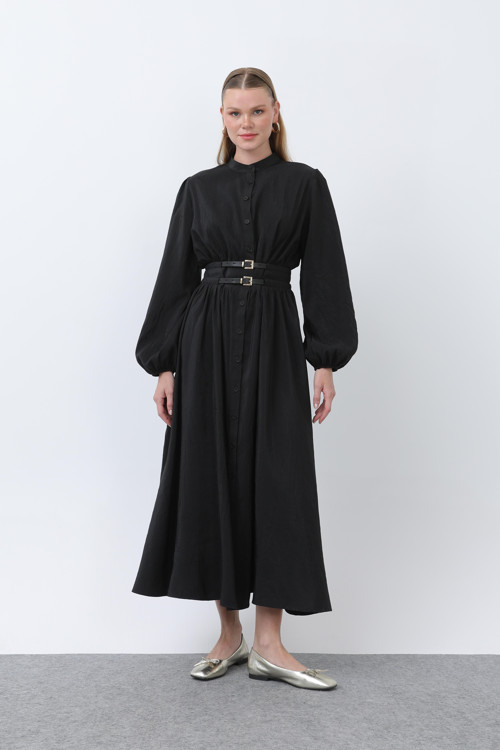 Kadın Çift Kemerli Hakim Yaka Elbise - 20658ELB - BLACK