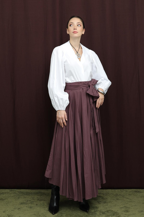 Kadın Bel Kuşaklı Asimetrik Kesim Etek - 32420ETK - BURGUNDY