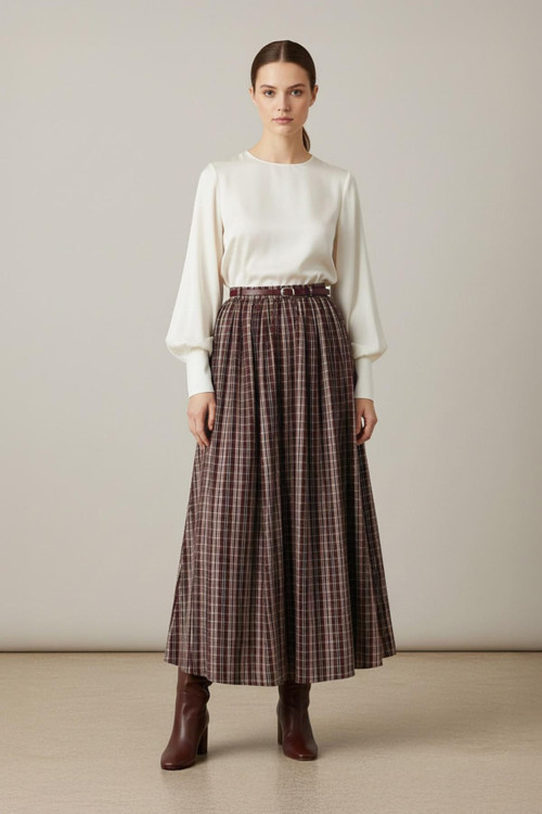 Kadın Ekose Etek - 32418ETK - BURGUNDY