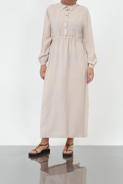 Kadın Beli Büzgülü Polo Yaka Elbise – 20693ELB - BEIGE
