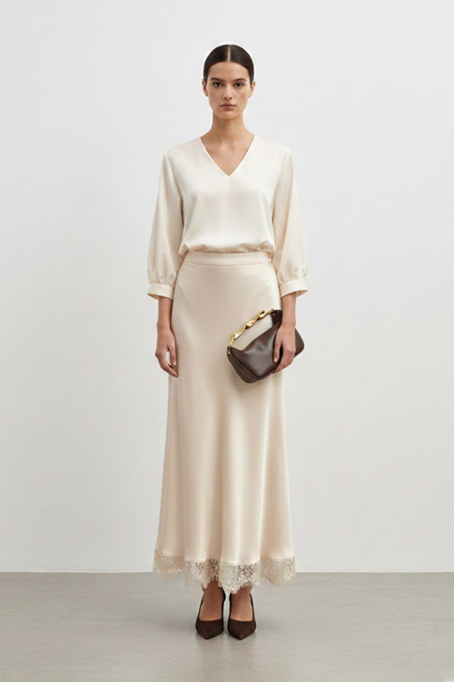 Saten Dantel Detaylı Uzun Etek-20729 - BEIGE