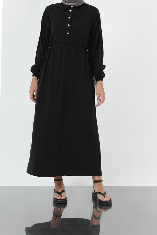 Kadın Beli Büzgülü Polo Yaka Elbise – 20693ELB - BLACK