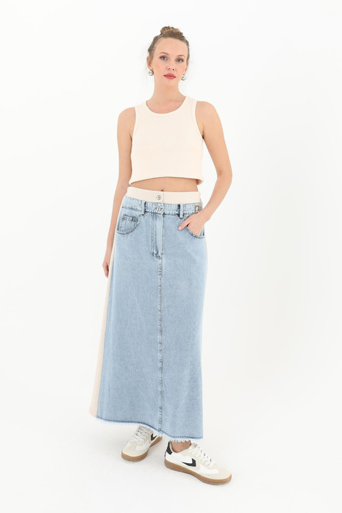 Kadın Bel Detaylı Denim Etek - 32035ETK - BEIGE-LIGHT BLUE