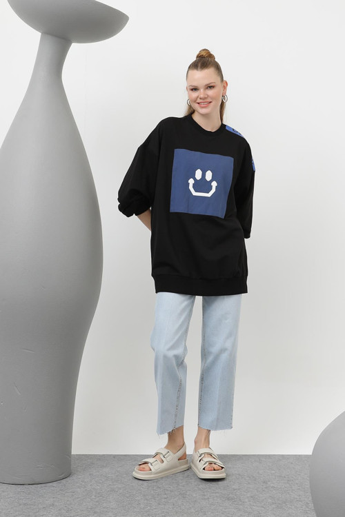 Kadın Önü Gülücük Baskılı Ve Garnili Tunik - 20623TUN - BLACK-INDIGO