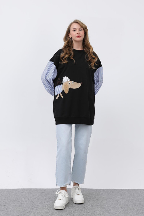 Kadın Şapkalı Köpek Nakışlı Garnili Sweatshirt - 20632SWT - BLACK