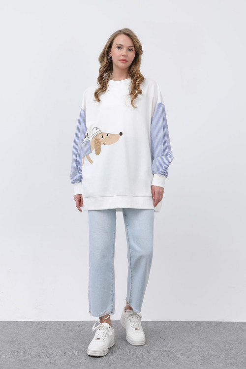 Kadın Şapkalı Köpek Nakışlı Garnili Sweatshirt - 20632SWT - ECRU