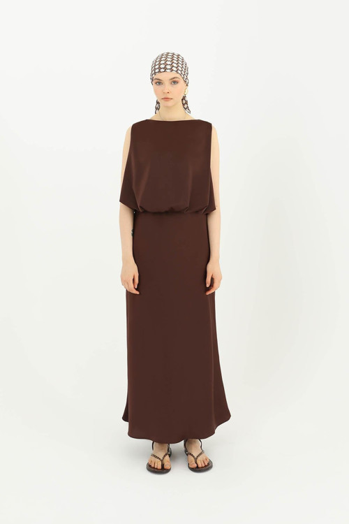 Kadın Saten Uzun Etek - 24S-31614ETK - BROWN