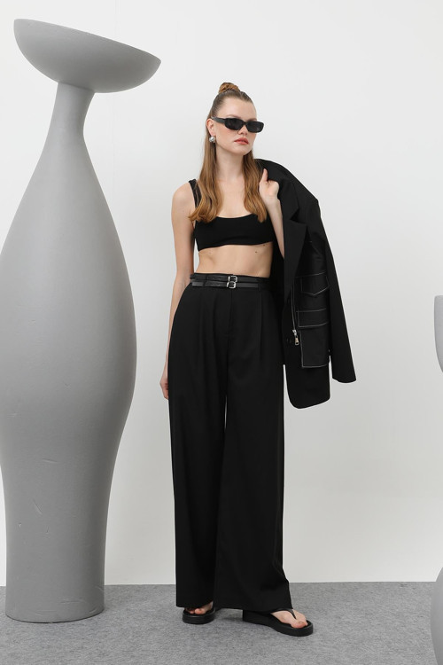 Kadın Çift Kemerli Pileli Pantolon - 32183PNT - BLACK