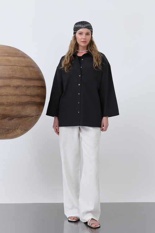 Kadın Kol Detaylı Basic Gömlek - 20655GML - BLACK