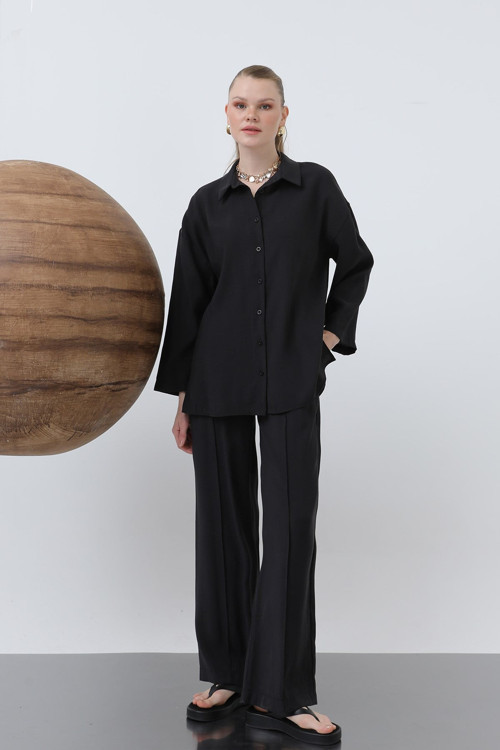 Kadın Robalı Düğme Detaylı Kısa Gömlek - 20631GML - BLACK