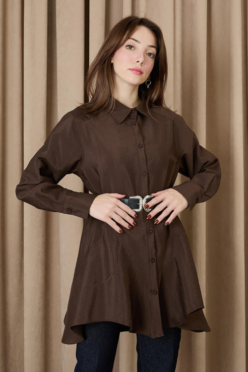 Kadın Dikiş Detaylı Kemerli Gömlek - 20708GML - BROWN