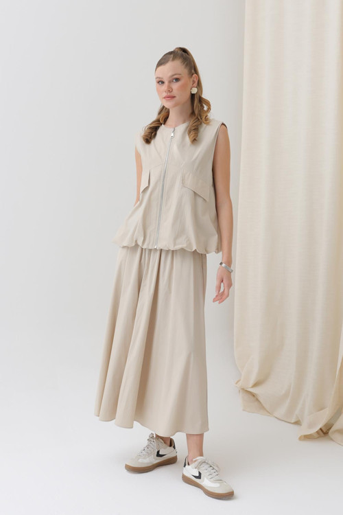 Kadın Beli Lastikli Etek - 32129ETK - BEIGE