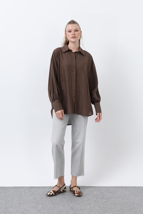 Kadın Volanlı Oversize Pamuk Poplin Gömlek-20665GML - BROWN