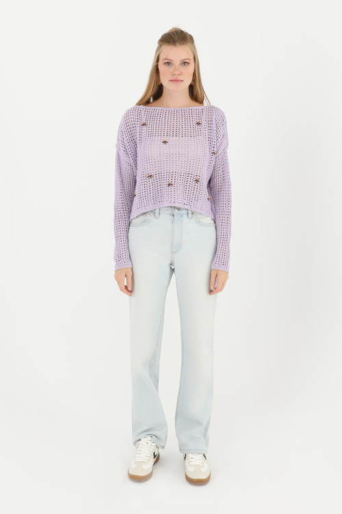 Kadın Örme Boncuk Detaylı Bluz - 31859BLZ - LILA
