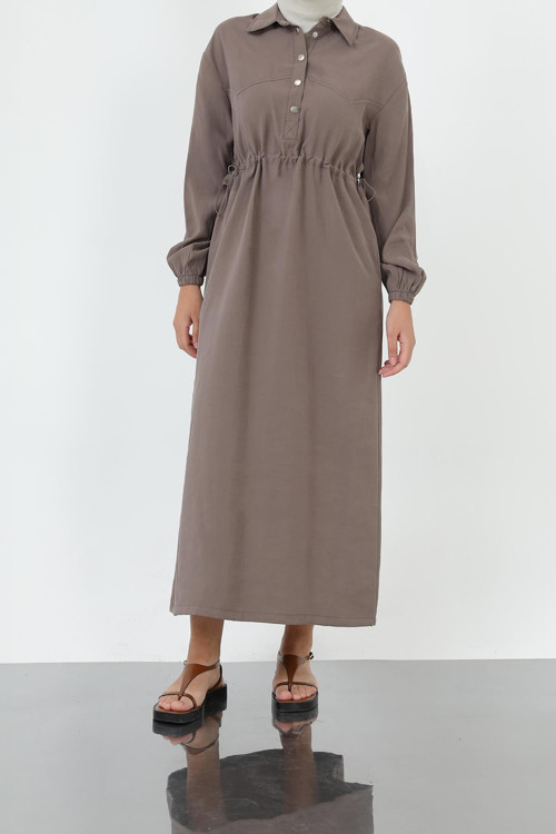Kadın Beli Büzgülü Polo Yaka Elbise – 20693ELB - MINK