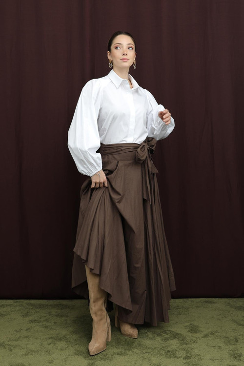 Kadın Bel Kuşaklı Asimetrik Kesim Etek - 32420ETK - BROWN