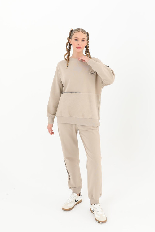 Kadın Nakış İşlemeli Pantolon Sweat Takım - 31996TKS - MINK-BLACK