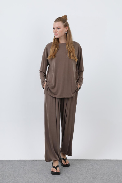 Kadın Oversize Viskon Relax Takım-20663TKS - BROWN