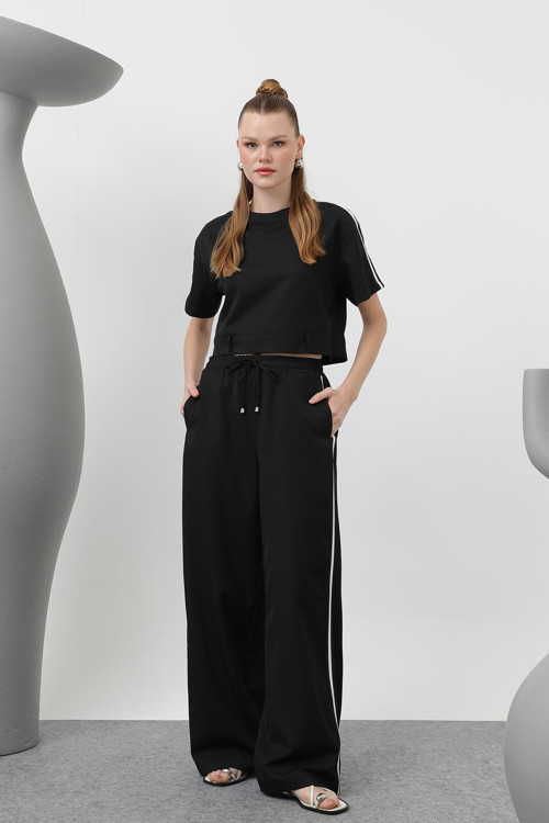 Kadın Şeritli Kısa Kollu Takım - 32182TKS - BLACK
