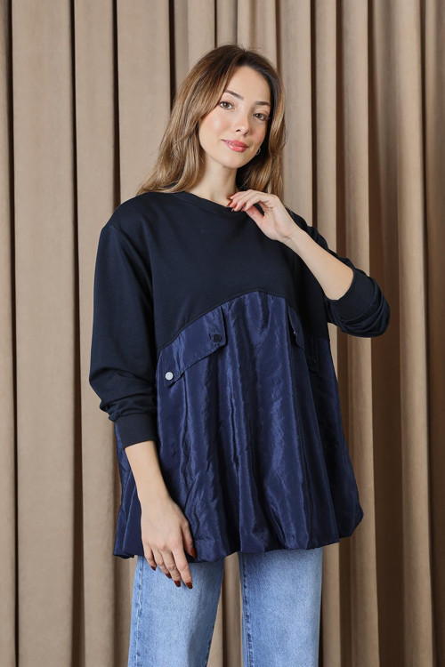 Kadın Cep Kapağı Detaylı Oversize Tunik - 20714TUN - NAVY