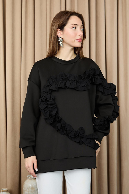 Kadın Kalp Şeklinde Fırfırlı Oversize Tunik - 20715TUN - BLACK-BLACK