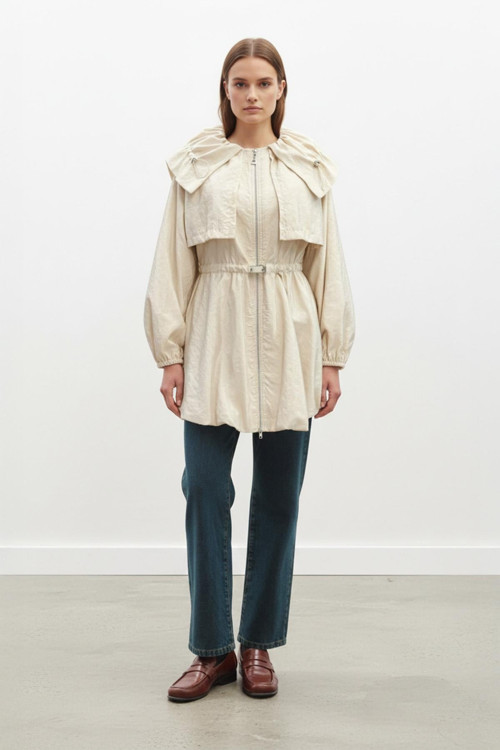 Kadın Balon Kol Detaylı Kemerli Kısa Trenchcoat-32450TRC - BEIGE