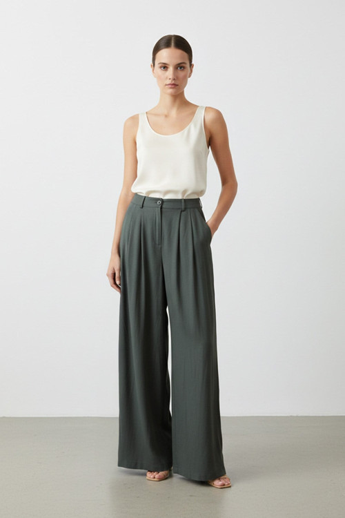 Kadın Pens Detaylı Bol Pantolon -32304PNT - KHAKI