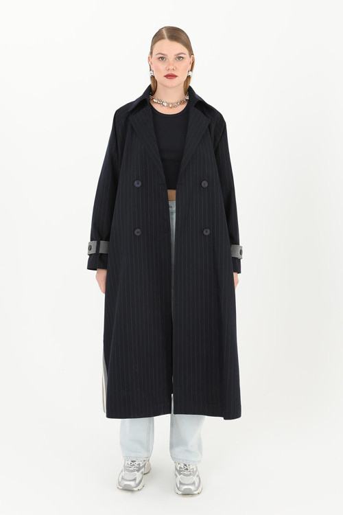 Kadın Renk Bloklu Kuşaklı Trenchcoat - 31999TRC - NAVY-ANTHRACITE