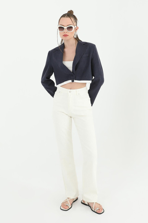 Kadın Çizgili Denim Pantolon - 31877PNT - ECRU
