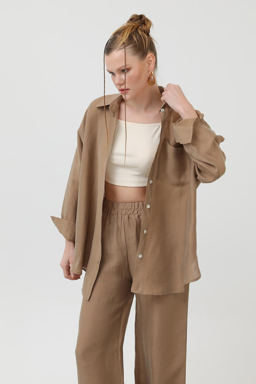 Kadın İkili Keten Takım - 32172TKS - LIGHT BROWN