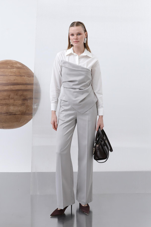Kadın Asimetrik Gömlek Pantolonlu Takım - 32184TKS - GREY