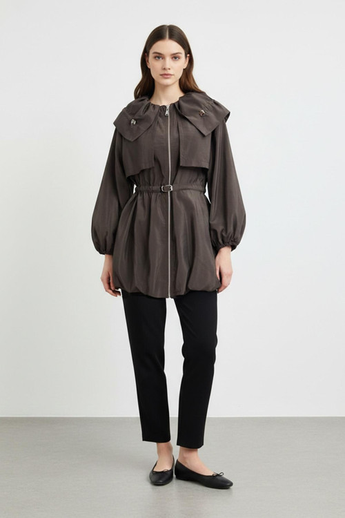 Kadın Balon Kol Detaylı Kemerli Kısa Trenchcoat-32450TRC - BROWN