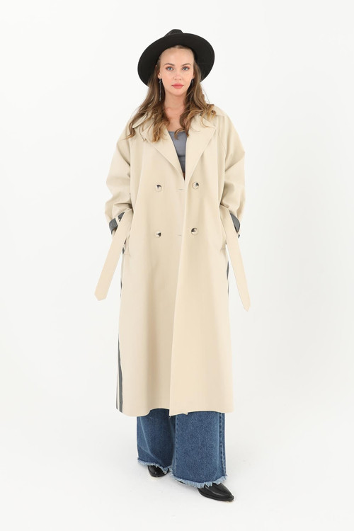 Kadın Renk Bloklu Kuşaklı Trenchcoat - 31999TRC - BEIGE-ANTHRACITE