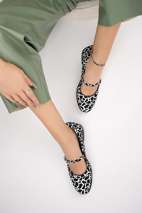 Balerin Model Leoparlı Kadın Babet Siyah-beyaz Cilt