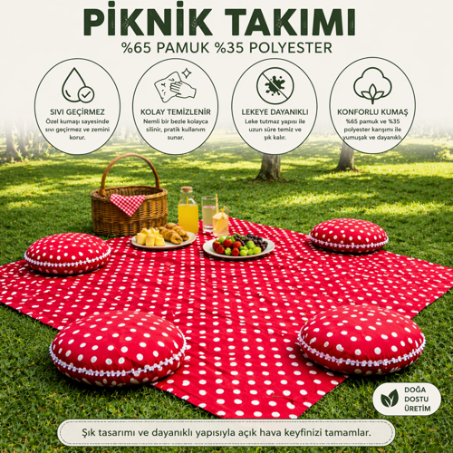 Keten Sıvı Geçirmez Puantiyeli Piknik Seti 4 Minderli Piknik Masa Örtüsü Bahçe Kamp Piknik Takım