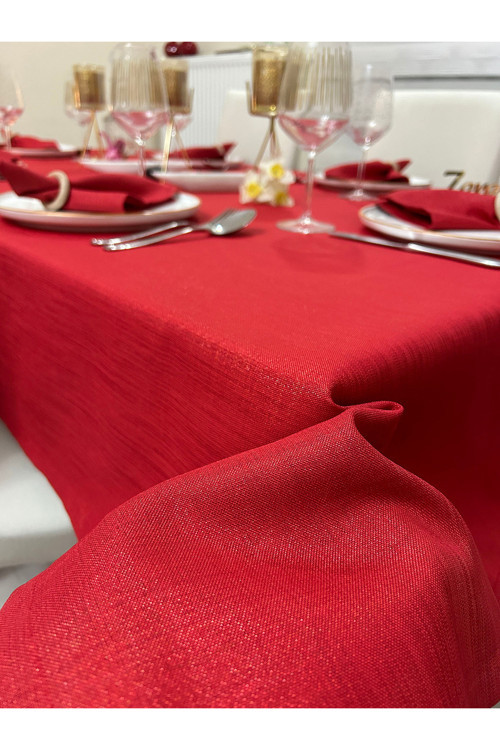 Polyester Keten Simli Masa Örtüsü Kırmızı