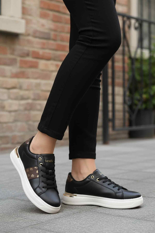 Siyah Beyaz Bağcıklı Kadın Sneaker BNI-12132 G