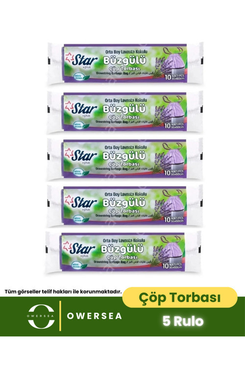 Star Büzgülü Çöp Torbası / Poşeti - Orta Boy 55X60 - Lavanta Kokulu - 5 Rulo = 50' Li
