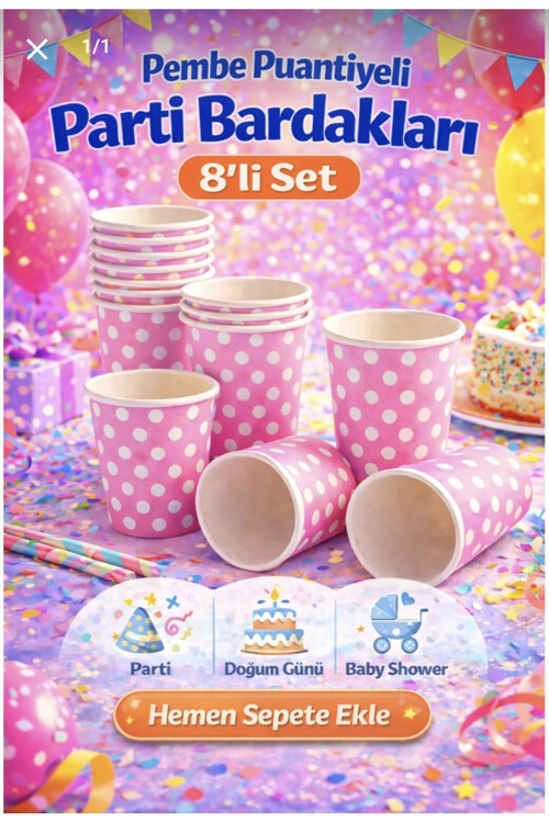Pembe Puantiyeli Karton Parti Bardağı – 8 Adet – Tek Kullanımlık – Doğum & Baby Shower Uyumlu