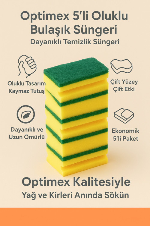 Fiber Keçeli 5’Li Oluklu Bulaşık Süngeri – Dayanıklı Temizlik Süngeri