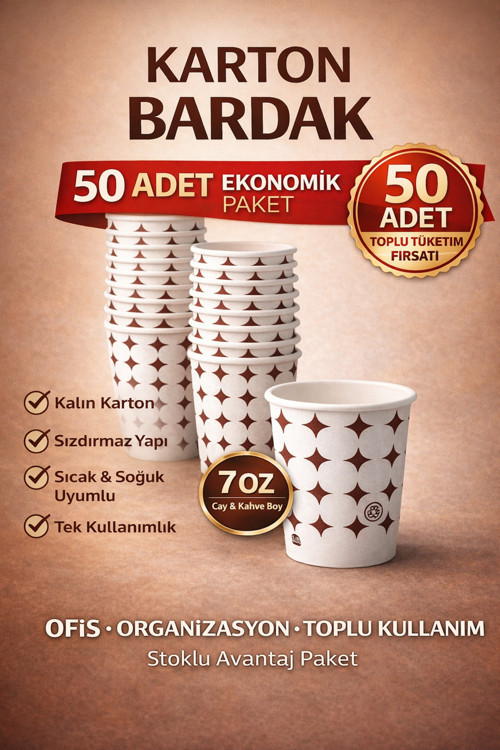 7 Oz Karton Bardak 50 Adet Ekonomik Paket Tek Kullanımlık Karton Bardak Sıcak & Soğuk İçecek Uyumlu