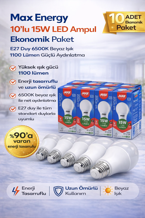 15W Led Ampul E27 Duy 6500K Beyaz Işık 1100 Lümen Tasarruflu Ampul 10 Adet