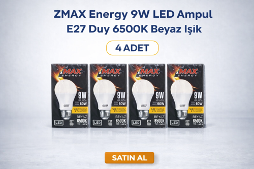Zmax 9W Led Ampul E27 Duy 6500K Beyaz Işık 720 Lümen 60W Tasarruflu 4 Adet