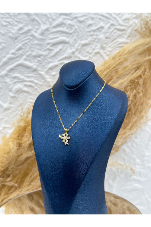 925 Ayar Gümüş Gold Renk Lotus Ve Kelebek Figürlü Kadın Kolye